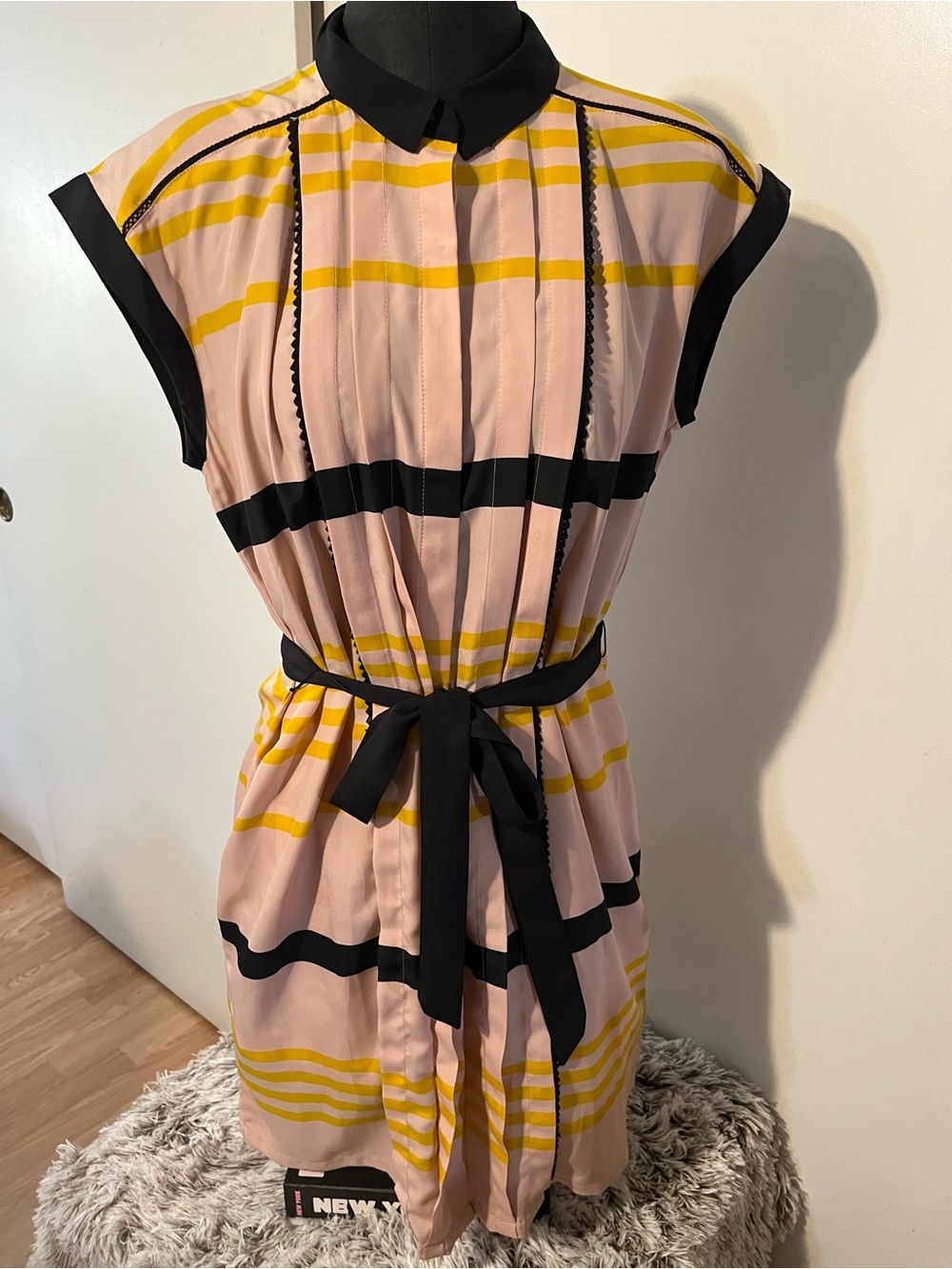 Jason Wu Pink and Yellow Striped Belted Midi Dress with Black Trim